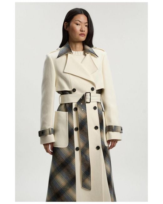 Karen Millen White Wool Check Trench Midi Coat
