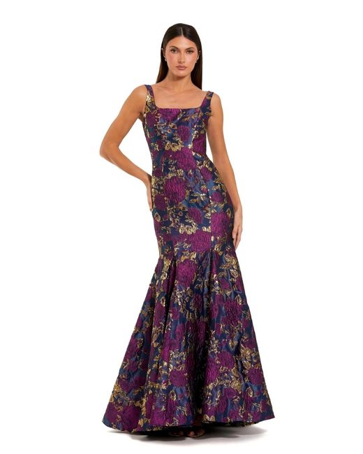 Mac Duggal Purple Sleeveless Floral Brocade Trumpet Gown