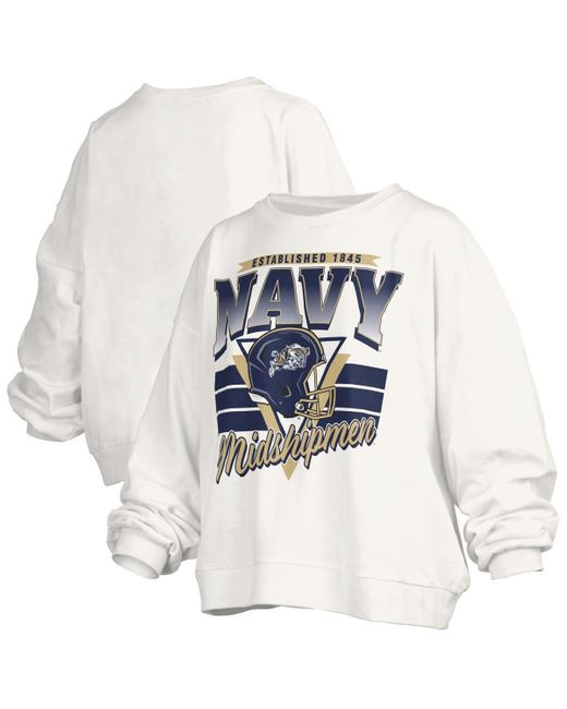 Pressbox White Navy Midshipmen Oversized Janice Retro Waist-length Pullover Sweatshirt