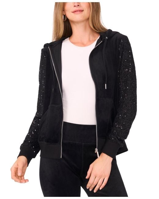 Vince Camuto Black Velour Sequin Long-sleeve Zip-front Hoodie Jacket