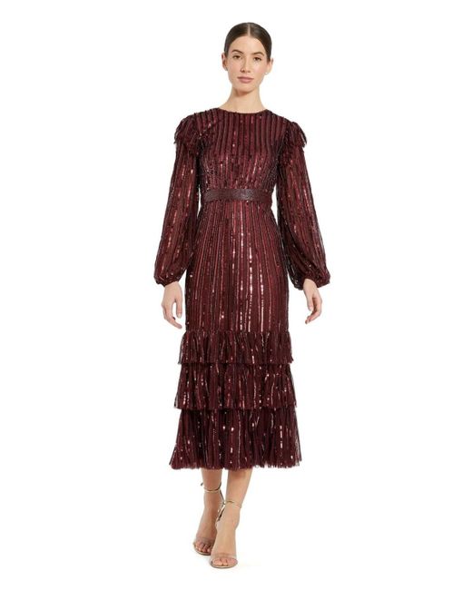Mac Duggal Red Long Sleeve Ruffle Detail Sequin Dress