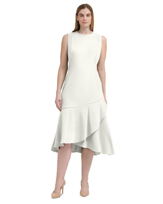Calvin Klein White Flounce-hem Sleeveless Midi Dress