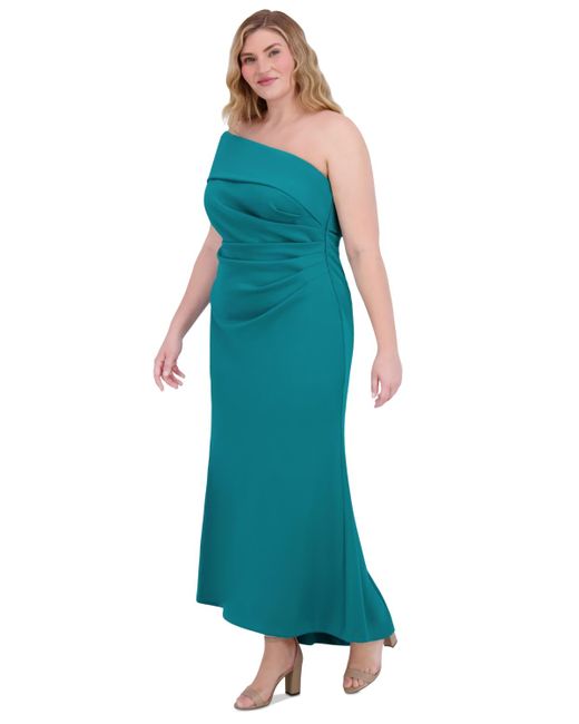 Eliza J Blue Plus Size One-shoulder Side-gathered Evening Gown