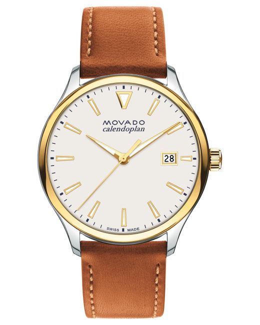 Movado Metallic Swiss Calendoplan Cognac Leather Strap Watch 40mm for men