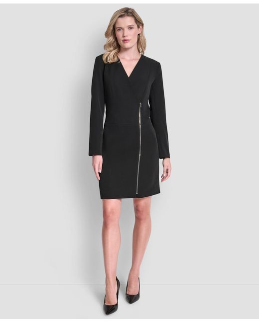 DKNY Long Sleeve Zipper Front A Line Dress in Black | Lyst
