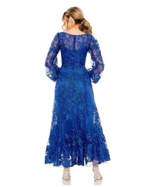 Mac Duggal Blue V Neck Mesh Puff Sleeve A Line Embellished Dress