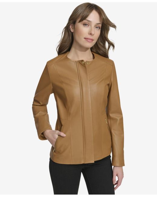Cole Haan Natural Collarless Leather Jacket