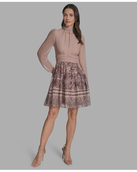 BCBGMAXAZRIA Brown Mock-neck Long-sleeve Chiffon Fit & Flare Dress