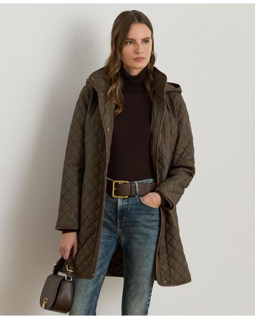 Ralph Lauren Brown Petite Hooded Quilted Faux-suede-trim Coat