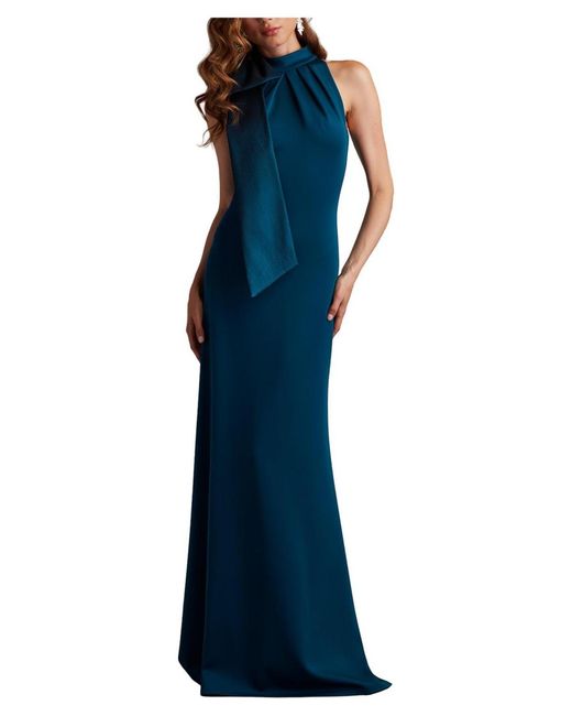 Tadashi Shoji Blue Sims Taffeta Shoulder Bow Halter Gown