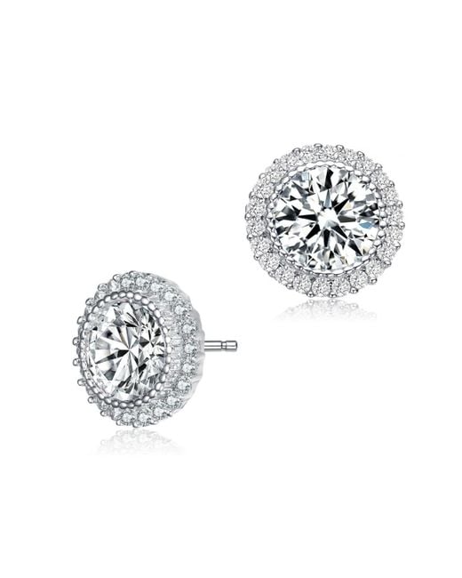 Genevive Jewelry White Sterling Silver Round Cubic Zirconia Milgrain Set Halo Stud Earrings
