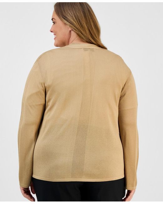 Kasper Natural Plus Size Open-front Stitch-detail Sweater