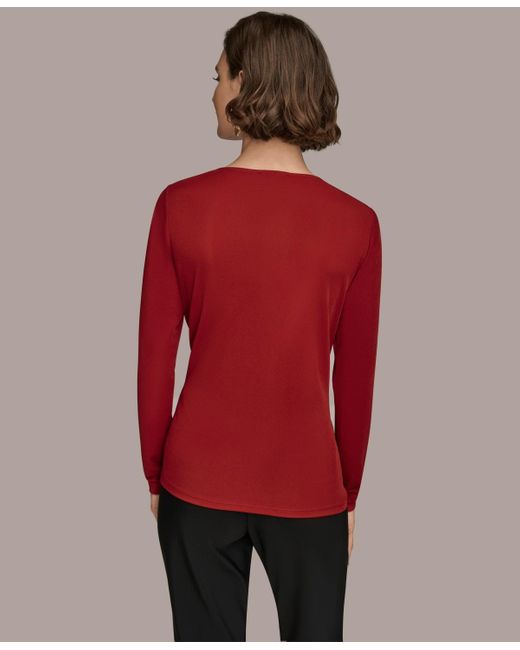 Donna Karan Red Long Sleeve Double Bar Hardware Top
