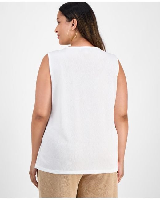 Kasper White Plus Size Pleated-neck Textured Top