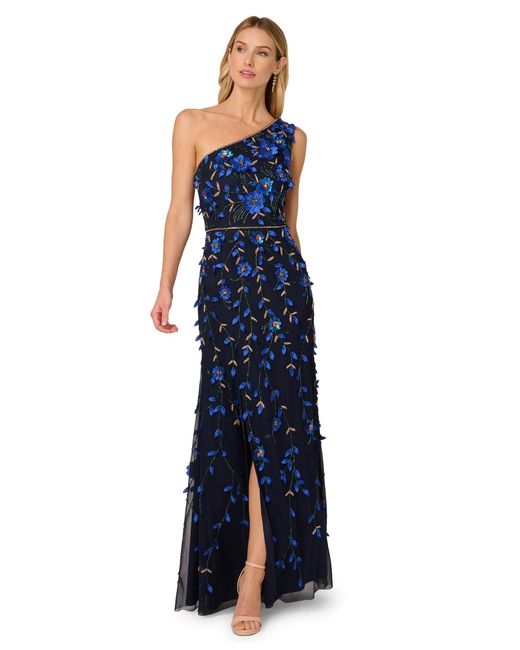 Adrianna Papell Blue Beaded One-shoulder Long Dress