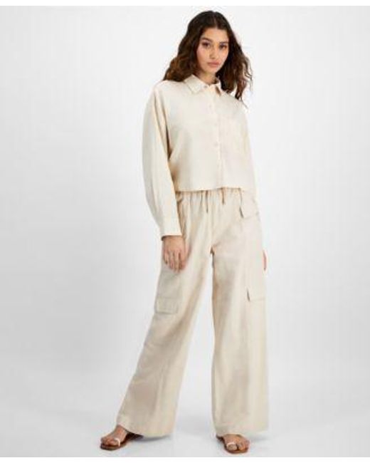 DKNY Natural Oversized Button Front Shirt High Rise Drawstring Cargo Pants