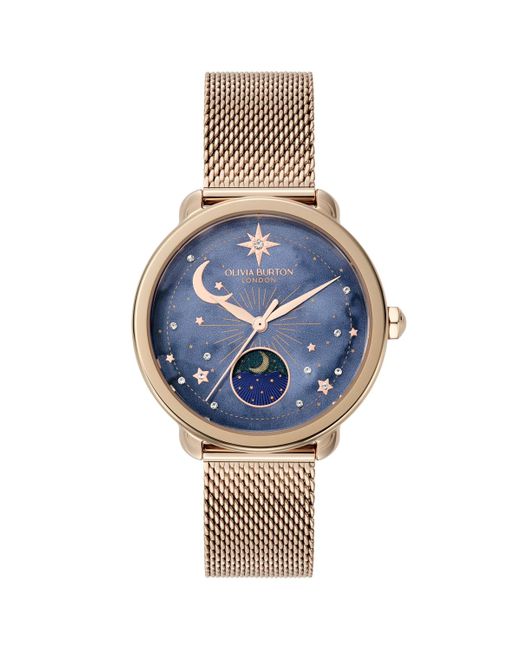 Olivia Burton Blue Moonphase Tone Stainless Steel Mesh Bracelet Watch