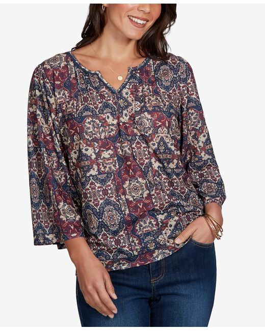 Ruby Rd Red Petite Patchwork 3/4-sleeve Henley Blouse