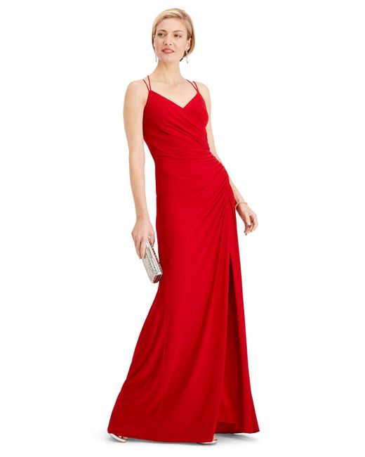 Adrianna Papell Sleeveless Front Slit Ruched Gown in Red Lyst