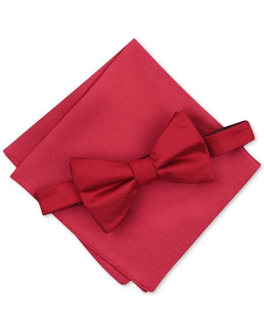 Alfani Red Solid Texture Pocket Square And Bowtie for men