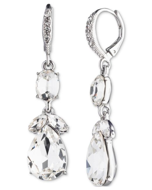 Givenchy White Silver Tone Double Drop Crystal Earrings