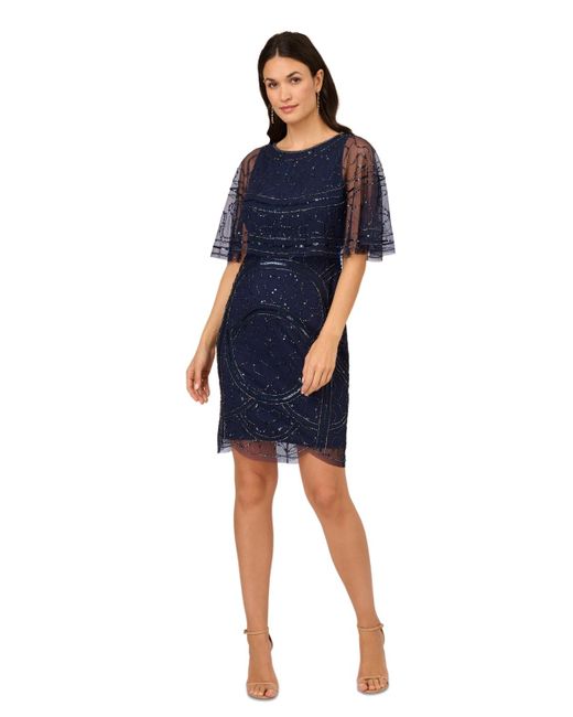 Adrianna Papell Blue Embellished Capelet Dress