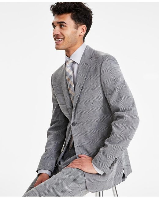 DKNY Gray Modern-fit Black & White Plaid Suit Separate Jacket for men