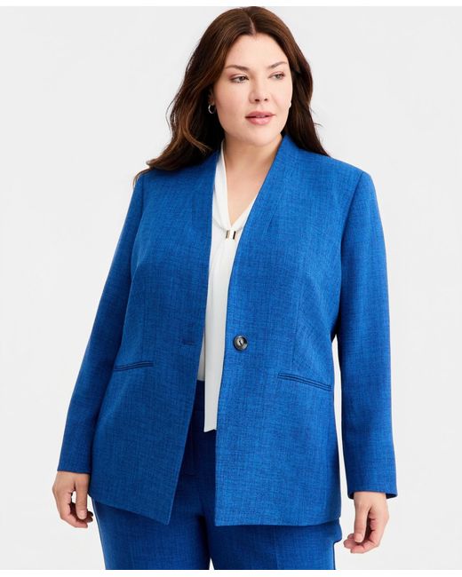 Kasper Blue Plus Size Collarless One-button Blazer