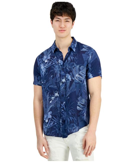 Guess Blue Tropical-print Short-sleeve Button-down Shirt for men