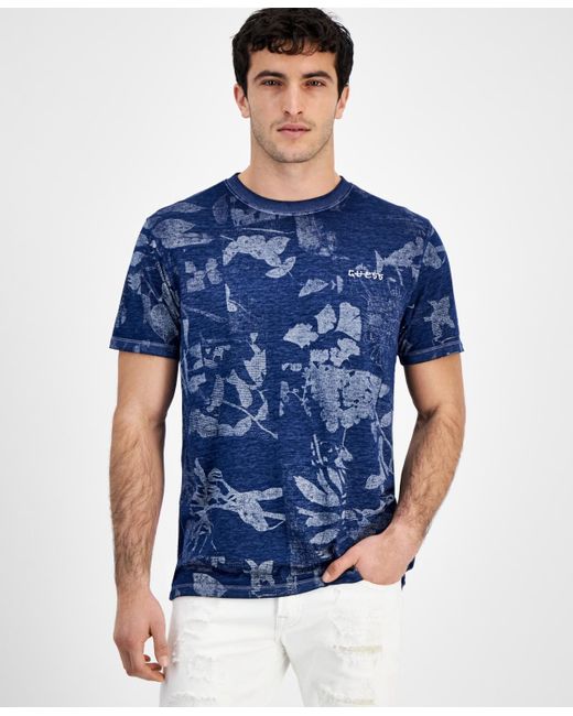 Guess Blue Allover Leaf Print Short Sleeve Crewneck T-shirt for men