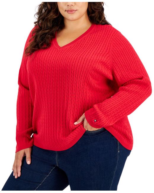 Tommy Hilfiger Plus Size Cable-knit V-neck Ivy Sweater in Red | Lyst
