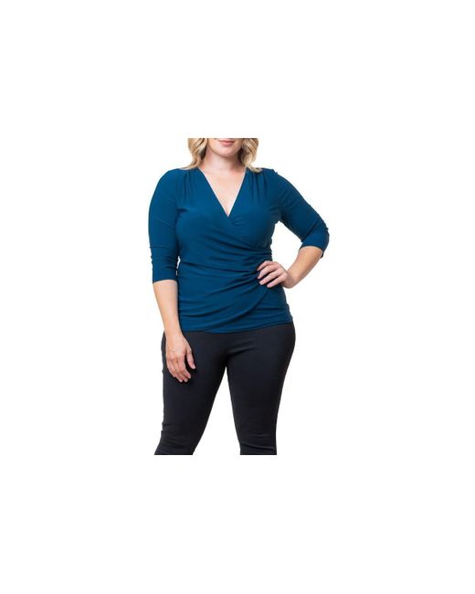 Kiyonna Blue Plus Size Femme Fatale Faux Wrap Top
