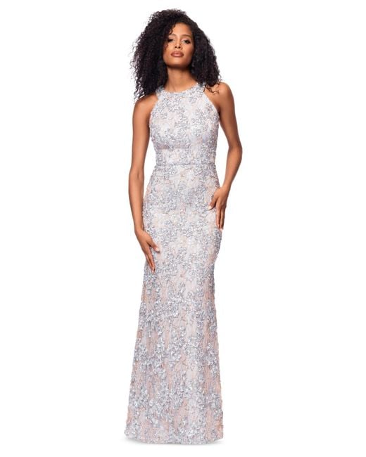 Xscape White Petite High-neck Sleeveless Lace Sheath Gown