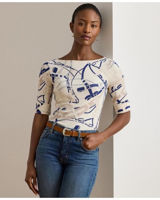 Ralph Lauren Blue Belting Print Cotton Boatneck Tee P Xs Xxl