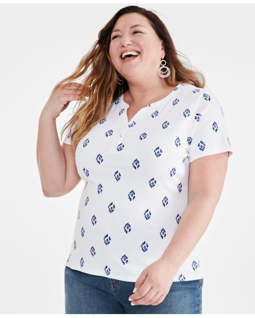 Style & Co. White Plus Size Printed Short-sleeve Henley Top