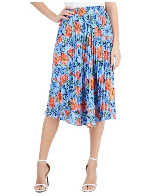 Tahari Blue Floral Printed Elastic-waist Pull-on Pleated Midi Skirt