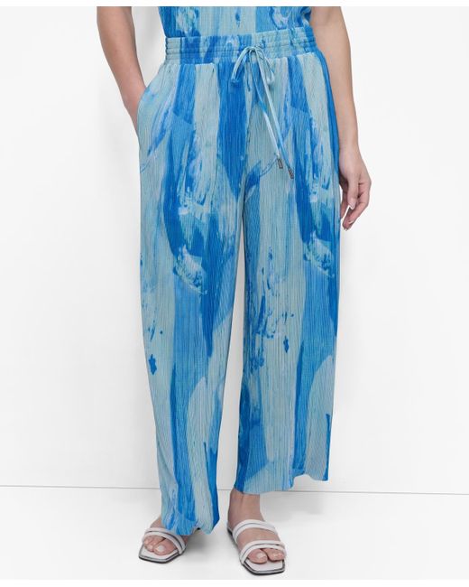 DKNY Blue Abstract Print Plissé Drawstring Pants