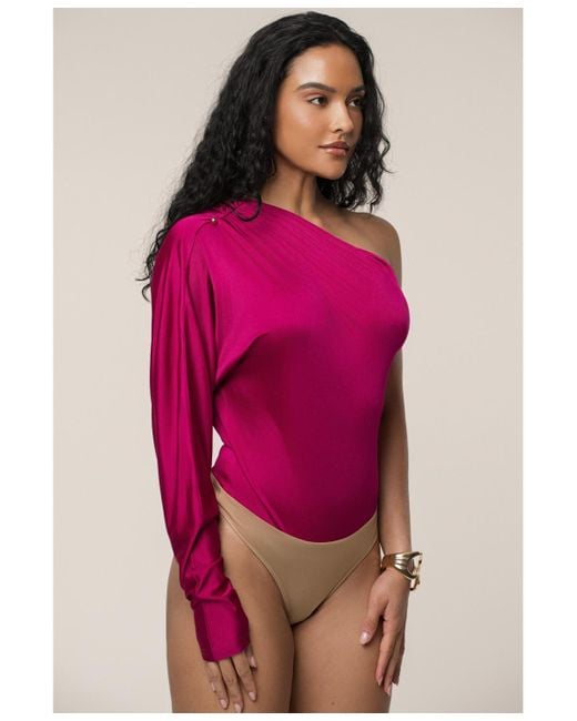 JLUXLABEL Pink One Shoulder Shirred Bodysuit