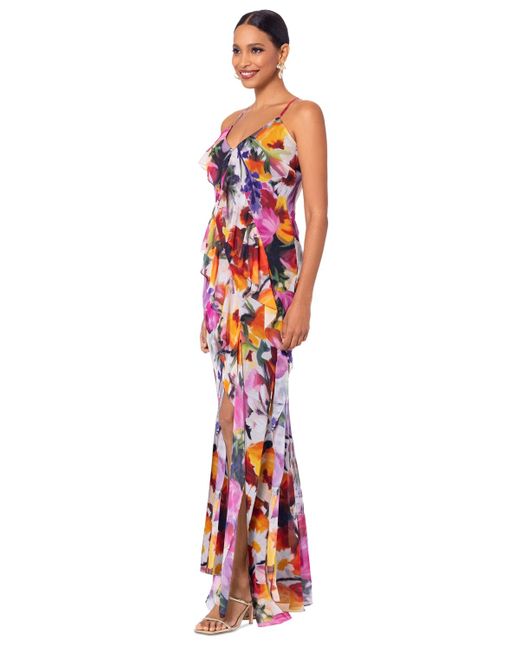 Betsy & Adam White Petite Floral Ruffle-front Long Dress