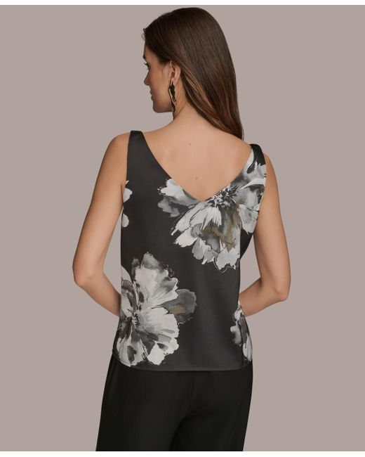Donna Karan Gray Printed Cowlneck Satin Tank Top