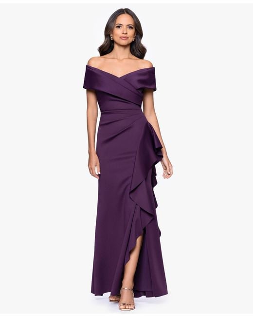 Xscape Purple Petite Off-the-shoulder Ruffle Detail Gown