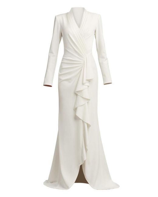 Tadashi Shoji White Markum Long-sleeve Flounce Gown