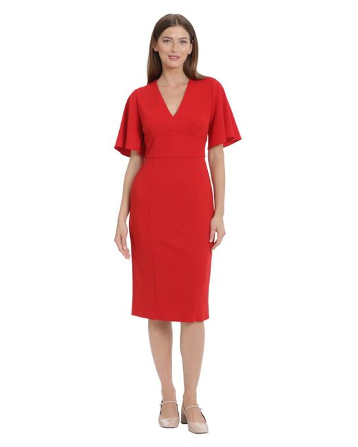 Maggy London Red Crepe Flutter-sleeve Midi Dress