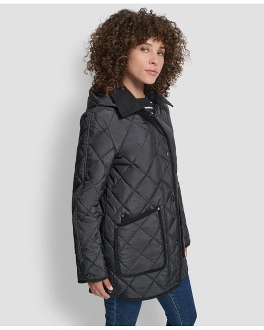 DKNY Gray Corduroy Collar Hooded Quilted Coat