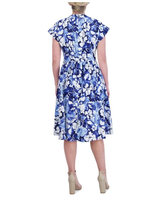Jessica Howard Blue Petite Cotton Poplin Floral Fit & Flare Dress