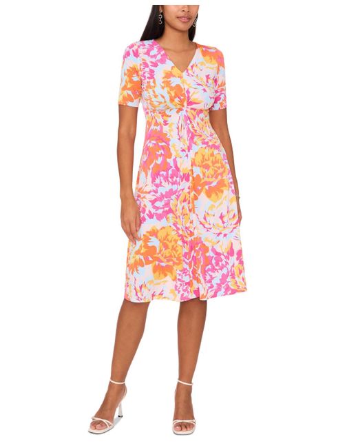 Msk Pink Petite Floral-print Twist-front Midi Dress