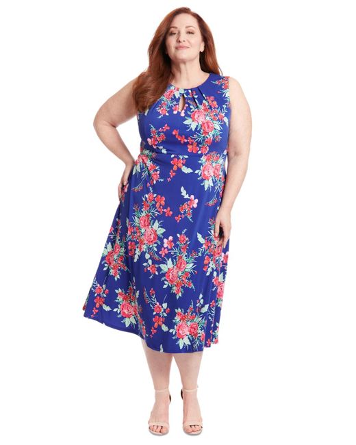 London Times Blue Plus Size Floral-print Keyhole Sleeveless A-line Dress