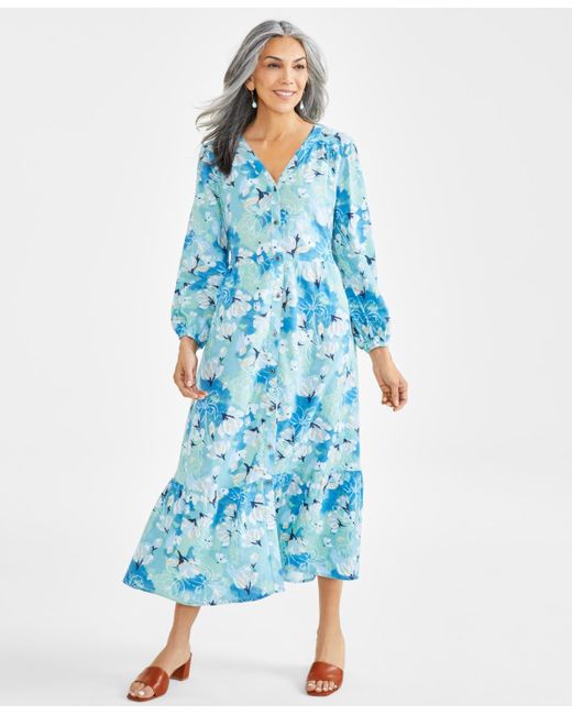 Style & Co. Blue Printed Tiered Maxi Dress