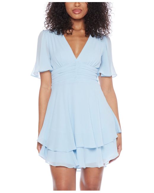 B Darlin Blue Flutter-sleeve Tiered Fit & Flare Dress