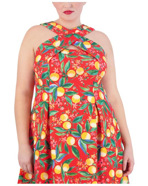Vince Camuto Red Plus Size Printed High-neck Fit & Flare Dress